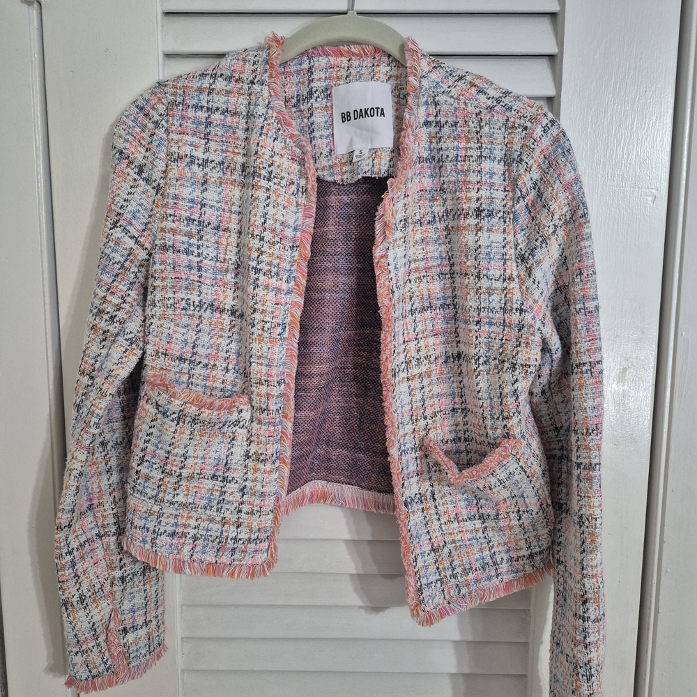 BB Dakota Pastel Tweed Blazer with Fringe